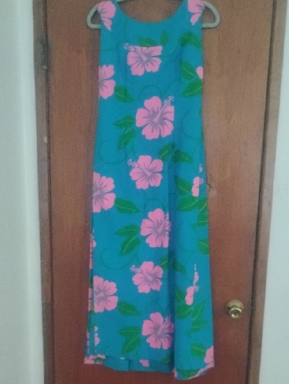 Malihini Vintage 70's Hawaiian Turquoise Maxi Dress Hot Pink Hibiscus Print Nos